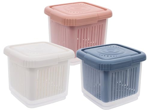 DOITOOL 3Pcs Fresh Box Food Storage Containers with Drain Baskets and Lids - 4.3 Inch Compact Fridge Organisers for Fruits Vegetables Salads (Pink & Blue & White)