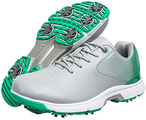 Mens golfskor med spiked läder bred passande vattentät sneakers stor storlek,Green,42 EU