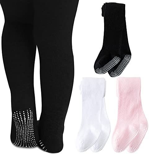 Mini angel Baby Girl Tights Non Slip Baby Tights Warm Cotton Leggings 2-4 Years Seamless Pantyhose Non-Skid Grip for Toddler 3 Pack (Black, White, Pink, L)