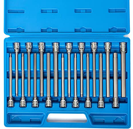 Neiko 10079A Extra langes SAE und metrisches Sechskant-Steckschlüsseleinsatz-Set, 9,5 cm (3/8-Zol) l-Antrieb, 3–10 mm (1/8–3/8 Zoll), 15,2 cm (6 Zoll) lang, 18 Teile