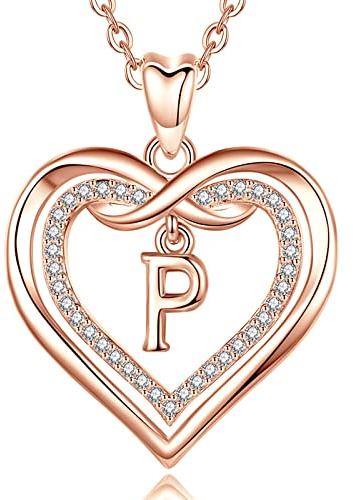 AEONSLOVE Collar Mujer Nombre Personalizado Colgante Inicial P Cobre Oro Rosa Corazón Collar Letra Niña Novia Regalo Navidad el Dia de la Madre Cumpleaños San Valentín