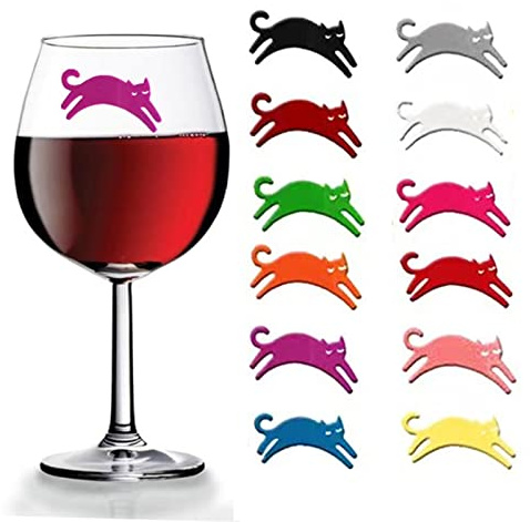 Houhounb Silicone Glass Marker Wine Glass Marker Reusable Drink Marker Drinking Glass Marker Tea Bag Holder 12 Pieces Cute Cat Wine Glass Marker for Party Glass Labelling, Silicone