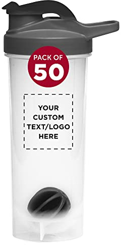 DISCOUNT PROMOS Custom Plastic Shaker Bottles with Mixer 24 oz. Set of 50, Personalized Bulk Pack - Perfect for Protein Shake, Smoothie and More! - Black
