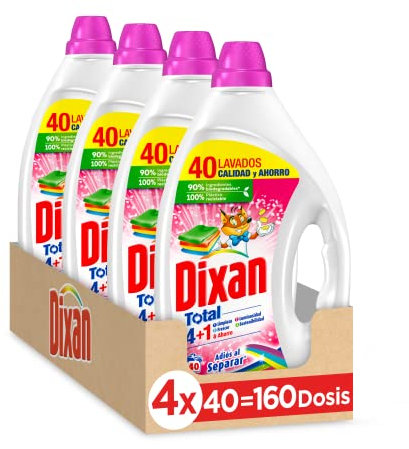 Dixan Gel Adiós al Separar Total 4+1, Detergente Líquido para Lavadora (pack de 4, total: 160 lavados), jabón para la ropa de color. Limpieza, luminosidad, frescor y sostenibilidad.