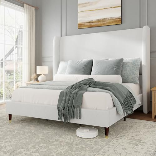 Jocisland Queen Size Bed Frame 51.2 Wingback Headboard Linen Upholstered Platform Bed with Solid Wood Legs & Wooden Slats, No Box Spring Needed, Modern Minimalist Style, Easy Assembly, White