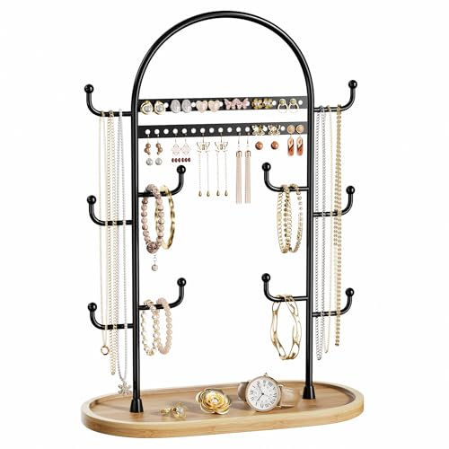 niffgaff 12.9'' Jewelry Stand Jewellery Organiser Necklace Earring Holder Necklace Display Stand Hanging Ring Bracelet Storage Black With Wooden Tray