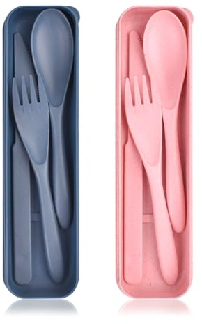Couverts de Camping Plastique Réutilisable, Bleu/Rose, 2 Ensembles | Pour Camping, Pour le Travail, Pour Voyage l'École Pique Nique, Utilisation Quotidienne
