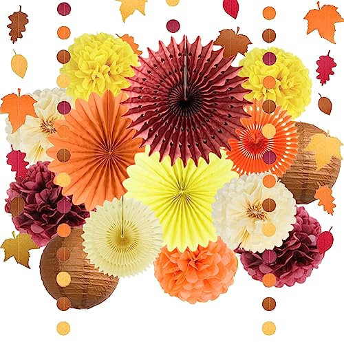 Herbst Party Deko Geburtstag Ahornblätter Girlande Orange Burgund Papierfächer Seidenpapier Pompons Laternen Kreis Punkt Blatt Girlande für Herbst Babyparty Brautdusche Thanksgiving Party Dekorationen