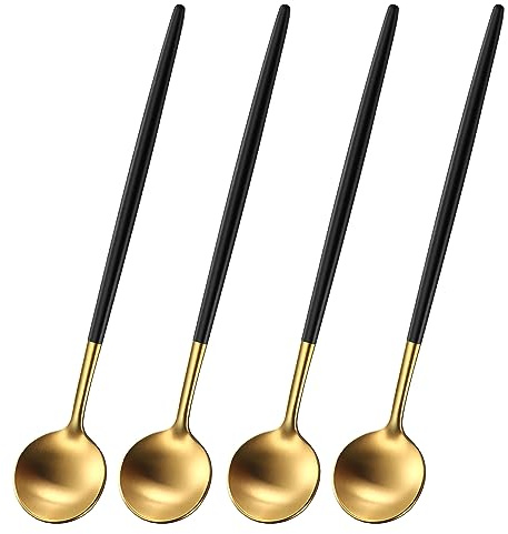 Lange Kaffeelöffel 17 cm Edelstahl 304 Gold Schwarz Griff, 4er Set Eislöffel Lang, Dessertlöffel Lang, Teelöffel Langer Stiel, Löffel für Latte Macchiato Gläser, Zuckerlöffel Matt Poliert