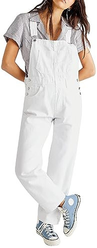 Vioyavo Pantaloni Lunghi in Denim con Bretella Pagliaccetti da Donna Salopette Jeans con Bretelle in Denim Jeans da Donna in Denim Lavato Pantaloni Lunghi (Bianco, S)