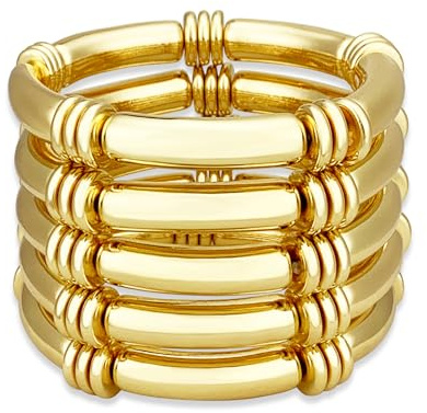 YBMYCM 5PCS Gold Chunky Bangles Bracelets for Women Plated Stackable Layered Curved Bamboo Tube Stretch Bracelets Bangle Gift Jewelry