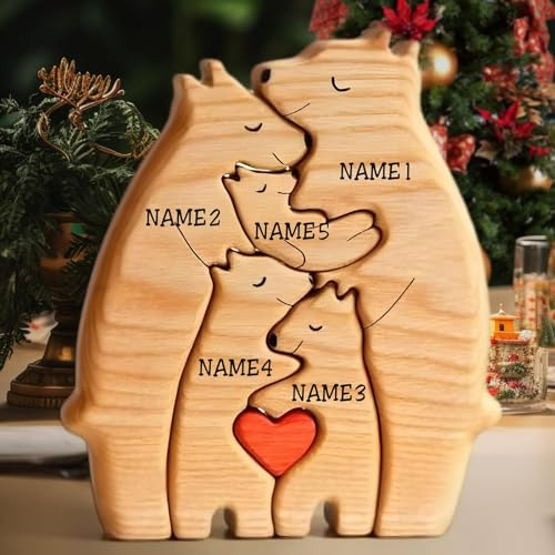 Personalised Wooden Bears Family Puzzle, Custom Engraved Wooden Puzzles with 2-8 Names, Home Decoration Mothers Day Fathers Day Birthday Gifts for Mum Dad Grandma Granny Grandpa
