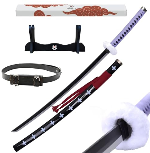 Hashiman - Katana One Piece - Réplique Manga Sabre + Support Epée Bois + Ceinture - Catana Japonais Cosplay Décoration Jouet Enfant Adulte - Jeu Déguisement Deco Ninja