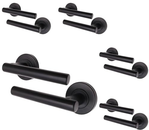 EAI Black Internal Door Handle | 5 Pairs Matt Black Lever on Rose Round Handles | Oliena Range