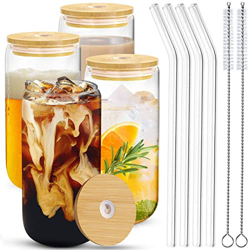 Lutranstra Trinkgläser mit Bambusdeckel und Glasstrohhalm, 4 Stück 460ml/16oz Cocktail Gläser, Trinkglas mit Deckel, Bubble Tea Becher mit Glass Straw für Iced Coffee, Bier, Cocktail, Cola