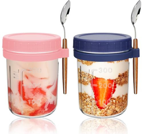 UHAPEER Overnight Oats Lot de 2 bocaux à yaourt avec couvercle et cuillère, 350 ml