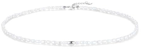 LUINNO Damen-Perlen-Choker Halskette mit echten Natur Süßwasserperlen & Silber 925 | Weiße Zuchtperlen in Hochglanz Ø 3,5 mm bis 5 mm, verstellbare Kettengröße 38 cm + 3 cm