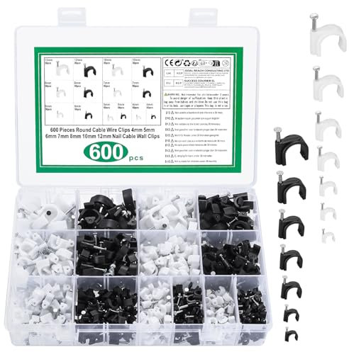 600 PZ Fermacavi Muro, Ferma Cavi Elettrici, Clip Fermacavi da Muro R-tipo, Clip per Cavi, Fermacavi Rotondi Nero Bianco, Fermacavo con Chiodo per Cavi Ethernet Telefonici, 4 5 6 7 8 10 12mm