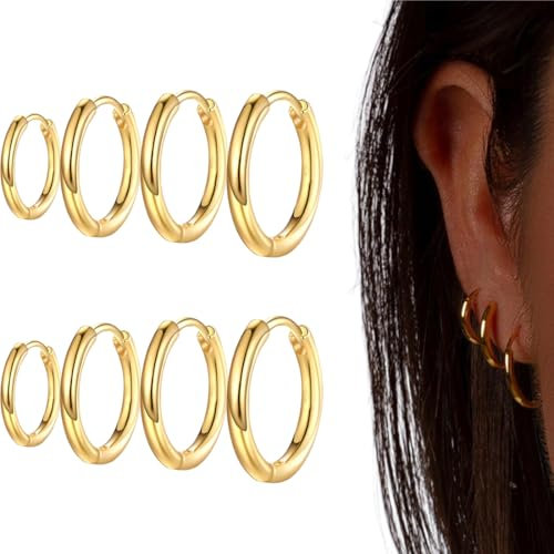 4 Paar vergoldete kleine Creolen, goldene Edelstahl-Creolen, hypoallergene Ohrringe 8/10/12/14 mm