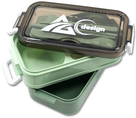 ACG DESIGN Lunch Box 1400ml con 3 Scomparti, Porta Pranzo Ermetico con Posate, Bento Box per Microonde e Lavastoviglie, Schiscetta Pranzo Termica per Bambini, Scuola, Ufficio e Viaggio (Verde)