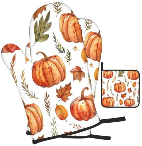 Mexpekil Lot de 3 gants de cuisine et maniques - Motif feuilles d'automne et citrouilles - Résistants à la chaleur - Antidérapants - 1 paire de gants de cuisine et 1 tapis de cuisson pour barbecue