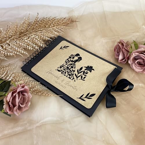 Personalisierbares Hochzeitsgästebuch aus Holz | Ringbuch mit Gravur von Namen & Datum | Kreatives Fotoalbum mit Laserausschnitt, schwarzem Papier & Zubehör | Erinnerungsbuch für Hochzeit