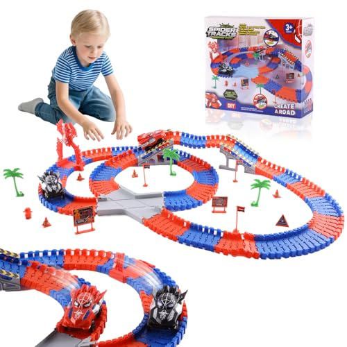 DIY Rennbahn Spielzeug Spinne – Flexibles Auto Rennstrecke Set für Kinder, 212 Teile, Kreatives Bauset mit 2 Autos, Autorennbahn Spielzeug, Biegsame Rennstrecke, Geschenk für Jungen & Mädchen