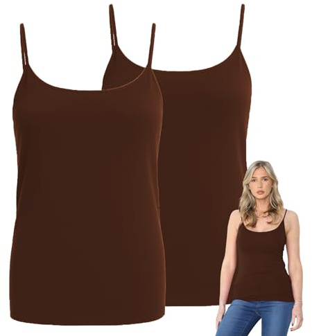 janisramone® Dam Cami Strappy Bodycon Linne, förpackning med 2 Ärmlösa Scoop Neck Väst Toppar Kvinnor UK, Stretchig, Slim Fit Gym Wear, Plain Casual Sommar Damer Camisoles, Brun, 38/40 SE