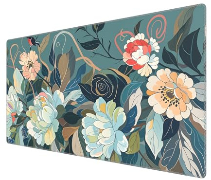 BHHB 800 x 450mm XXL Tapis Souris Gaming Grand, Large Tapis de Bureau, Desk Pad Mouse Pad, sous Main Bureau avec Base Anti-Dérapage pour Gamer, Ordinateur, PC-Fleurs Vertes