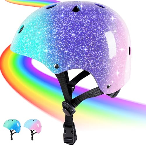 JIFAR Fahrradhelm Kinder (3-5-8-14 Jahre), Multisport-Fahrradhelm Kinder Mädchen and Jungen für Fahrrad, Scooter, Inline-Skating & Skateboarding (Rosa-lila-grüner Farbverlauf, S)
