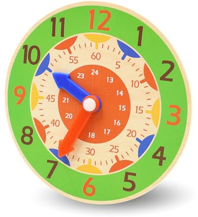 Kikuo 14 cm Reloj de Madera para Los Alumnos, Reloj de Aprendizaje para Niños Relojes de Enseñanza con manecillas de Horas y Minutos, Juguete Educativo, para Educación Familiar Preescolar (Verde)