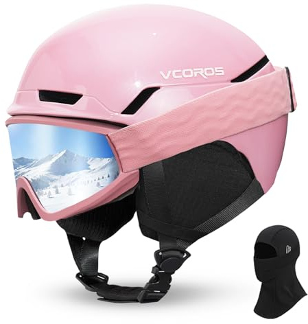 Casque de Ski avec Lunettes de Ski Masque Casque de Snowboard avec Détachable Cache Oreilles pour Unisexe Anti-Vent Anti-UV Casques de Neige pour Snowboard (Rose Brillant+Masque de Ski+Cagoule, M)