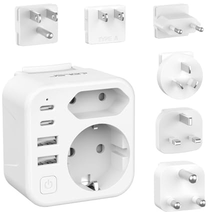 Adattatore di viaggio JSVER 6 in 1 con 2 porte USB-A e 2 porte USB-C per Stati Uniti, Germania, Messico, Australia, Sudafrica 180 + Paesi (Nero)