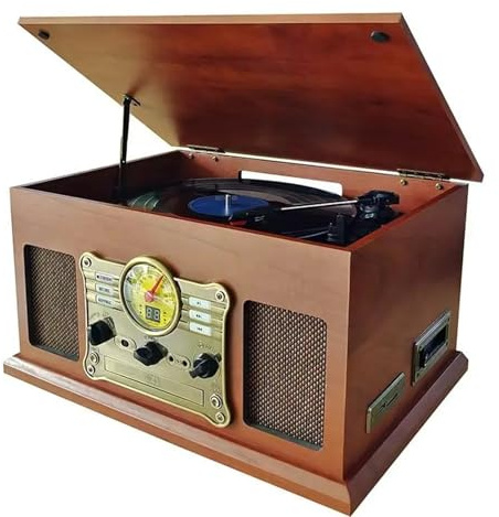 Gramophone Vintage Multifonction, Lecteur CD, Tourne-Disque Vinyle, Radio, Haut-Parleur Bluetooth(Raw Wood)