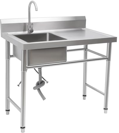 Freistehende Edelstahl SpüLtisch 1 Becke 201 Edelstahl mit 360° Wasserhahn und Ablaufsieb 200Kg Tragkraft, Komplettes SpüLtisch Set für KüChe, Café, Gastro, Geeignet für Gewerbe und Haushalt