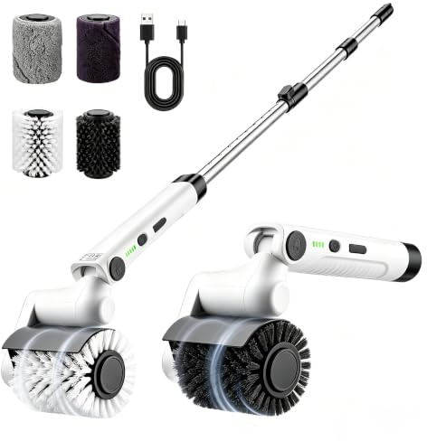 Cepillo eléctrico 4 en 1, cepillo eléctrico de limpieza para barbacoa, cepillo eléctrico con 2 velocidades, mango telescópico y cabezal ajustable, cepillo eléctrico para parrilla, juntas, cocina