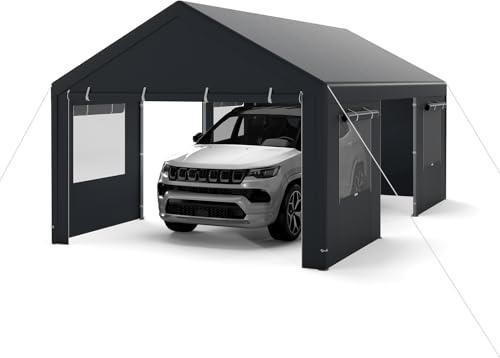 GYMAX Cobertizo Portátil para Coche 3 x 5,8/3,6 x 6 m Garaje Exterior con Ventanas Enrollables, Paredes Laterales y Puertas Desmontables, Lona de PE Impermeable, SUV y Moto (3.6 x 6 m,Gris)