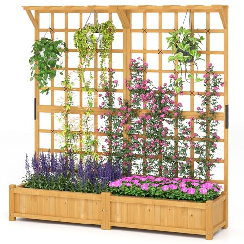 HOMASIS 3 en 1 Lit de Jardin Surélevé en Bois avec Treillis, Jardinière d’Extérieur avec Trous de Drainage et Bac à Plantes, pour Plantes Grimpantes, Légumes, Fleurs, 180 x 48 x 183 cm (Naturel)