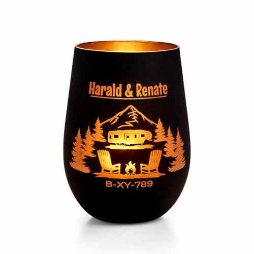 Personalisiertes Windlicht mit Gravur Name & Kennzeichen – Camper Geschenk Wohnmobil Geschenk Camping Deko Teelichtglas schwarz matt Gold innen