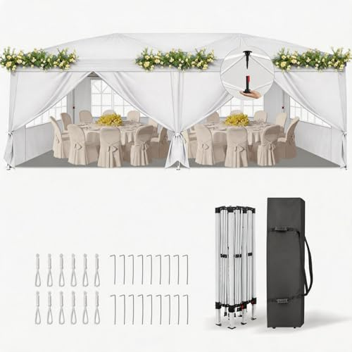LEADZM Pavillon 3x6 m,Pop-Up Faltpavillon One-Touch,Weiß | Metallrahmen,Wasserdicht UV-Schutz 50+ Stabil, Höhenverstellbar,Gartenzelt Partyzelt mit 6 Seitenteilen für Camping,Party