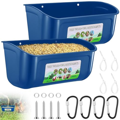 2 Pack Poultry Feed Trough with Zip Ties, Screws, Clips, Hanging Wall-Mounted Chickens Ducks Livestock Pets Feeders Container, Durable Feeding Bowl for Chicken Coop, Barn, Farm or Backyard Use