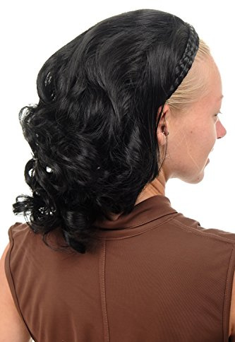 WIG ME UP - 90604-1 Halbperücke Haarteil edel mit geflochtenem Haarreif schulterlang wellig lockig schwarz
