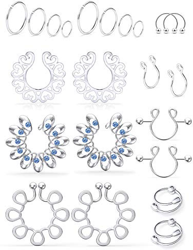 SCERRING Fake Nipple Ring Stainless Steel Non-Piercing Nipple Rings Clip On Nipplerings Faux Body Piercing Jewelry for Women Men 11 Pairs Silver