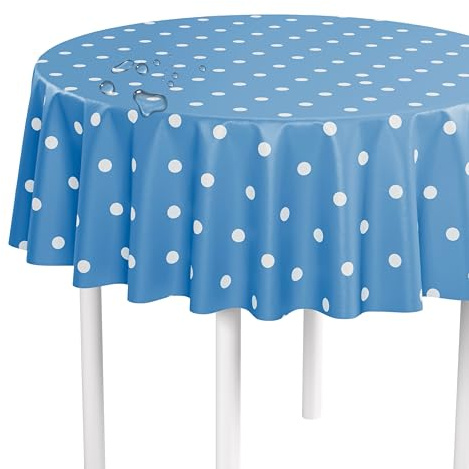 LILENO HOME Tischdecke abwaschbar als Meterware 140 cm rund (Schnittkante) in Punkte Eisblau - Wachstuchtischdecke wasserabweisend ideal als Tischtuch o. Tischläufer für Bierzeltgarnitur