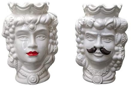 TERAKOTA CERAMICHE - coppia Teste di moro in ceramica siciliana 100% lavorazione artigianale - bianco baffo e rossetto H. 14 cm - PERSONALIZZABILI CON DEDICA