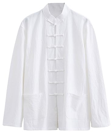 ZHOUXIAO Giacca di Arti Marziali Vintage Allentato Kung Fu Marziali, Tai Chi Uni Uniforme Uomo Cinese Tradizionale Lino di Cotone Ala Vestiti Chun, Manica Lunga Manica Vestit White-3XL
