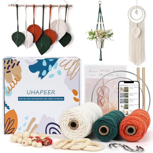 UHAPEER Kit fai da te, filo di cotone per acchiappasogni, corda in cotone naturale per adulti, principianti, include 3 corde Macrame, anello in ferro, anelli in legno, perline di legno