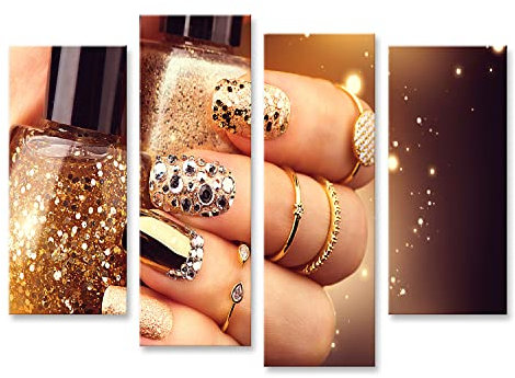 Bild auf Leinwand Goldene Maniküre Mit Edelsteinen Und Funkelt Eine Flasche Nagellack Trendige Accessoires Wandbild Poster Kunstdruck Bilder