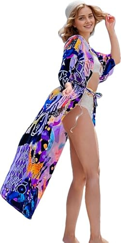 Costume da bagno kimono coverup per le donne stampa geometria uccelli manica 3/4 kimono abito allentato Open Front Kimono spolverino con cintura, Y, viola e blu, taglia unica