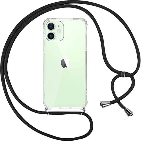 Pnakqil Handykette für iPhone 12 Mini Hülle mit Band, Transparent Weich Silikon Case mit Kordel Necklace, Durchsichtig Anti-Fall Schutzhülle für iPhone 12 Mini mit Lanyard, Schwarz